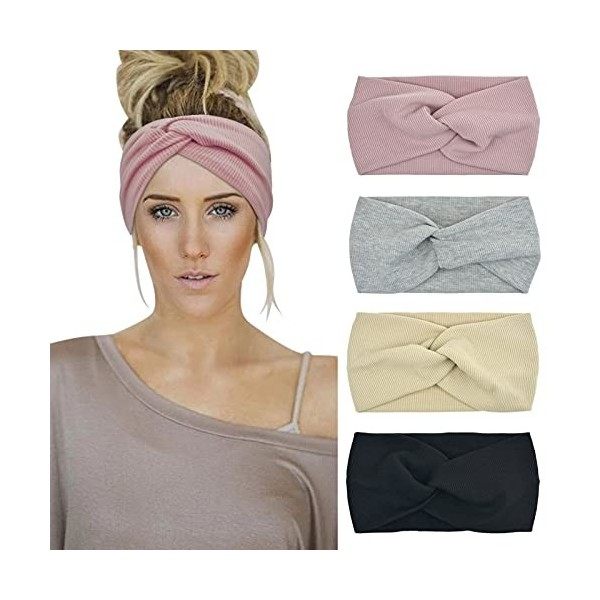 DRESHOW 4 Pièces Bandeau Cheveux Femme Boho Bandeaux Vintage Fleur Imprimé Hair Bandeau Cross Noué Élastique Bande de Cheveux