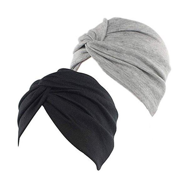 2pcs Bonnet Turban Femme Front Croisé Coton Stretch Bonnet de Nuit Chapeaux Bandeau Foulard Mode Musulmanes pour Perte de Che