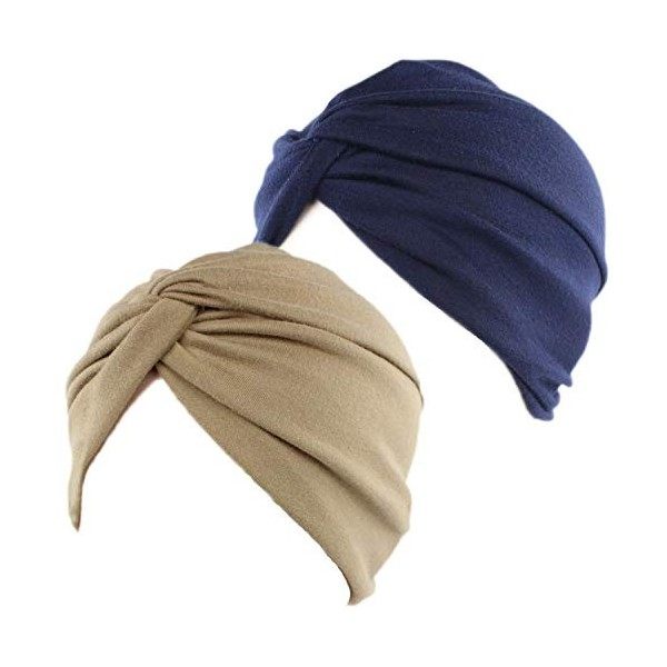 2pcs Bonnet Turban Femme Front Croisé Coton Stretch Bonnet de Nuit Chapeaux Bandeau Foulard Mode Musulmanes pour Perte de Che