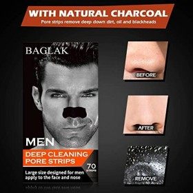 BAGLAK Hommes Bandes Pores Points Noirs, 70Strips , charbon de bambou, nettoyage en profondeur pour tous les types de peau, 
