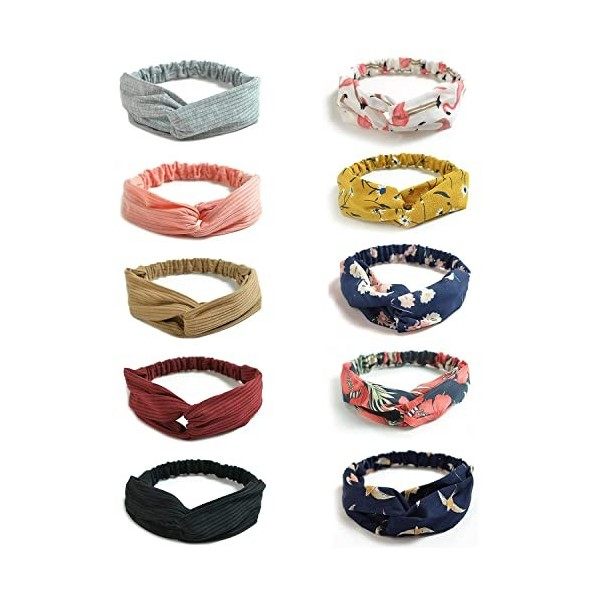 DRESHOW 10 Pièces Bandeau Cheveux pour Femmes Boho Bandeaux Vintage Fleur Imprimé Noué Élastique Bande de Cheveux Extensible 