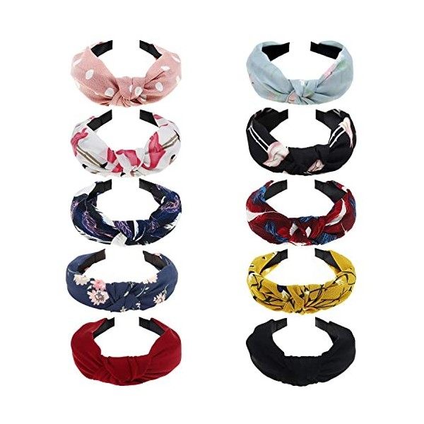 DRESHOW 10 Pièces Bandeau Cheveux pour Femmes Boho Bandeaux Vintage Fleur Imprimé Noué Élastique Bande de Cheveux Extensible 