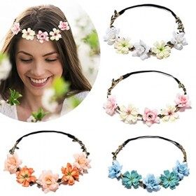 4 Pièces Couronnes de Fleurs Bandeau, Florale Bandeaux Femme Guirlande de Fleur Bohême Headbands Floral Serre-têtes Ruban Éla