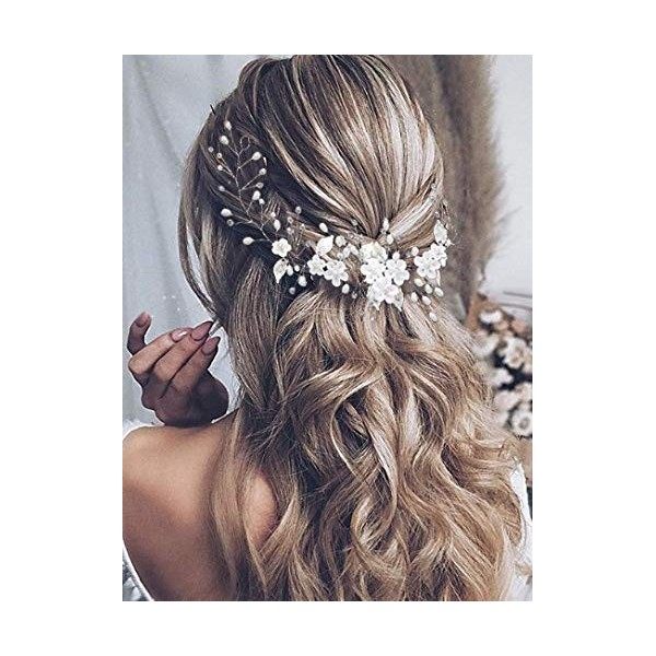 Vakkery Fleurs de Mariage Cheveux Vigne Mariée Perle Bandeau, Bijoux de Cheveux Accessoires de Cheveux pour Femmes et Filles 