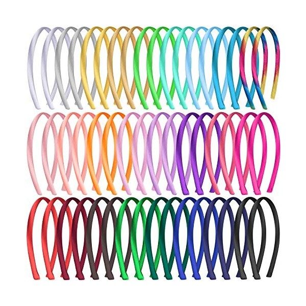 Duufin 50 Pièces Bandeaux Cheveux Femme 1cm Satin Bandeaux pour Femme et Fille, 25 Couleurs