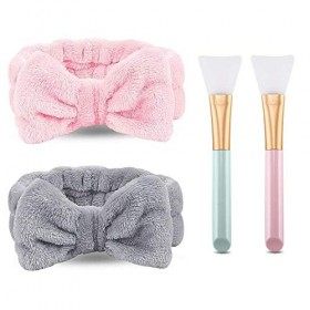 Lot de 2 bandeaux de spa en polaire avec nœud et 2 brosses en silicone pour masque facial - Pour femme et fille - Pour le lav