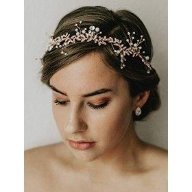SWEETV Cristal Bandeaux De Mariée Or Rose Serre-têtes De Mariage pour Les Mariées Accessoires de Coiffure Perle Cheveux Vigne