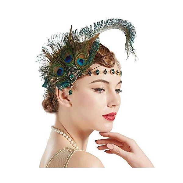 Coucoland Bandeau de Flapper pour Femme Bandeau de Plumes de Paon Coiffe du Style Gatsby des Années 1920 Vert