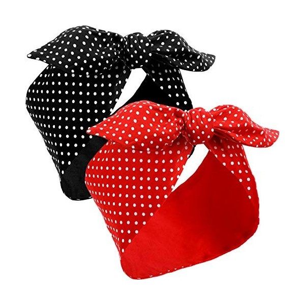 2 Foulards Rouges pour Femmes Écharpe de Tête Rétro des Années 1940 Bandeau Bandana dArc Noir Boho Bandeau dOreille de Lapi