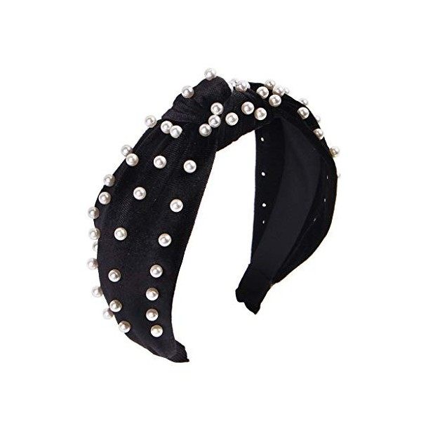 Serre-tête pour femme avec perles - 1 pièce torsadées en velours et fausses perles - Accessoire de coiffure - Noir