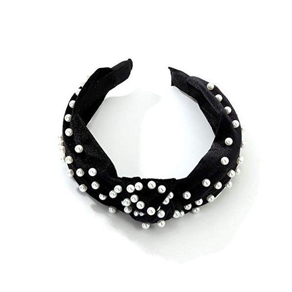 Serre-tête pour femme avec perles - 1 pièce torsadées en velours et fausses perles - Accessoire de coiffure - Noir