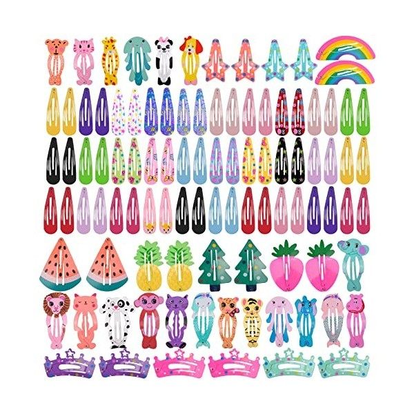 100 Pcs Pince à Cheveux, Bande Dessinée Clips Mignon Snap Cheveux Clips Belle Métal Snap Barrettes Clips Cheveux Accessoires 