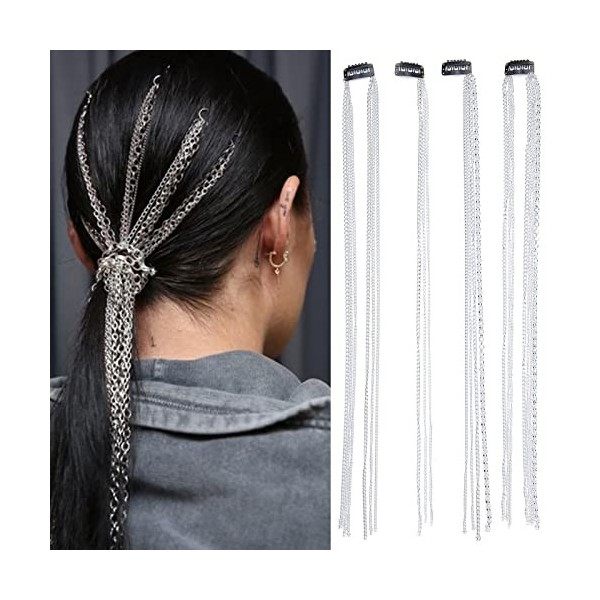 NICENEEDED 3pcs Chaîne de Cheveux pour Tresses, Bijoux de Cheveux en Argent Moon Star Tassel, 18 pouces de Longues Chaînes de