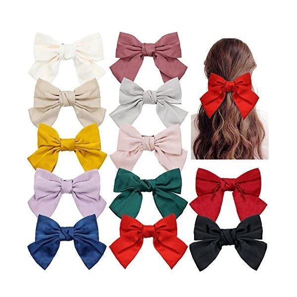 Lot de 12 grands nœuds surdimensionnés en satin pour cheveux - Barrettes françaises - Pinces à cheveux pour chignon et queue 