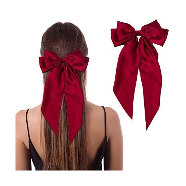 Pince à cheveux Jumbo avec queue pour femme et fille en satin soyeux - Grand nœud en métal - Barrette française longue queue 