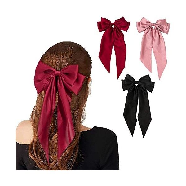 Lot de 3 grandes pinces à cheveux pour femme avec ruban de soie et ruban long - Simple - Noir et rose