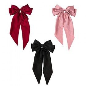 Lot de 3 grandes pinces à cheveux pour femme avec ruban de soie et ruban long - Simple - Noir et rose