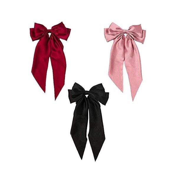 Lot de 3 grandes pinces à cheveux pour femme avec ruban de soie et ruban long - Simple - Noir et rose