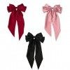 Lot de 3 grandes pinces à cheveux pour femme avec ruban de soie et ruban long - Simple - Noir et rose