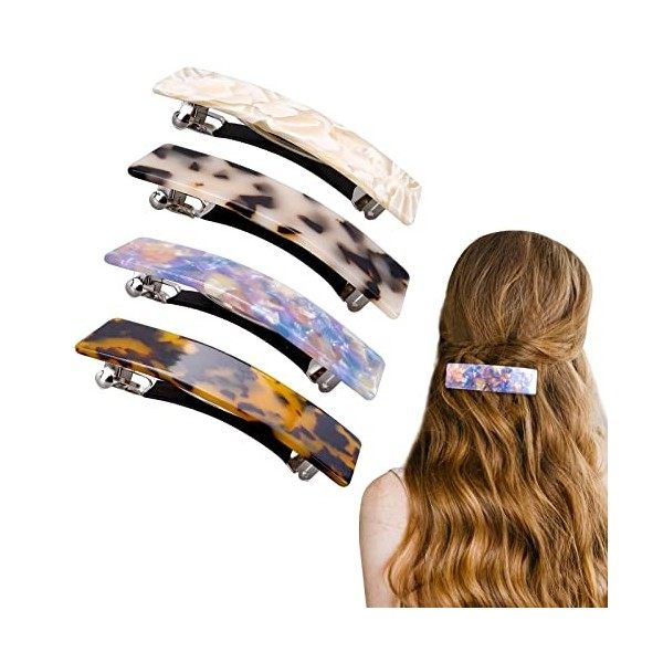 Sibba Lot de 4 Barrettes à Cheveux Rétro Automatiques Rectangulaires à Clipser pour Cheveux Français en Celluloïd Écaille Tor