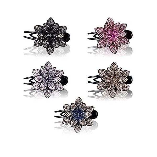 Fatiya Lot de 5 pinces à cheveux fantaisie en forme de fleur avec strass, pour queue de cheval, pinces à cheveux décoratives 