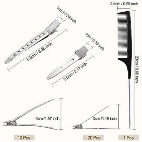 MELLIEX 30 PCS Pince Crocodile Cheveux avec Peigne à Queue Antistatique, Pince Cheveux Coiffeur avec Trous Métal Pince Plate 