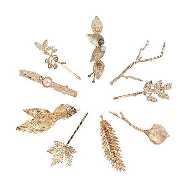 Lot de 9 pinces à cheveux crocodiles en métal doré - Plumes, feuilles et fleurs - Accessoires pour femme, pour mariage et fêt