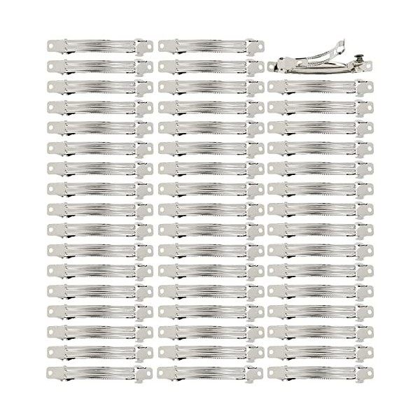 Lot de 50 pinces à cheveux rectangulaires en métal argenté avec base unie pour nœuds et queue de cheval, 8 cm