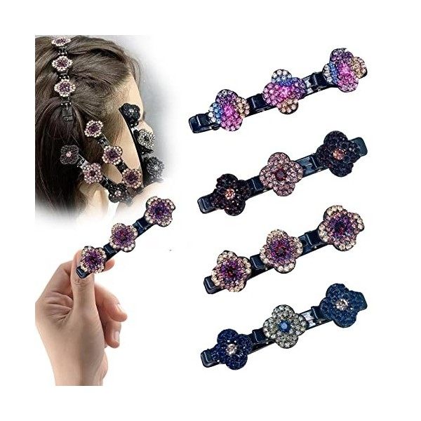 TNSLAND Lot de 4 bandeaux barrette à cheveux femme en tissu satiné avec trois fleurs latérales, pinces à cheveux à strass pou