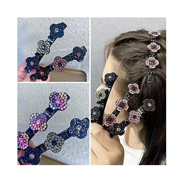 TNSLAND Lot de 4 bandeaux barrette à cheveux femme en tissu satiné avec trois fleurs latérales, pinces à cheveux à strass pou