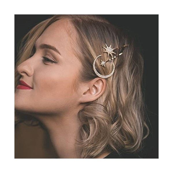 Yean Lot de 3 barrettes à cheveux en forme détoiles et de lune avec strass pour femmes et filles Doré