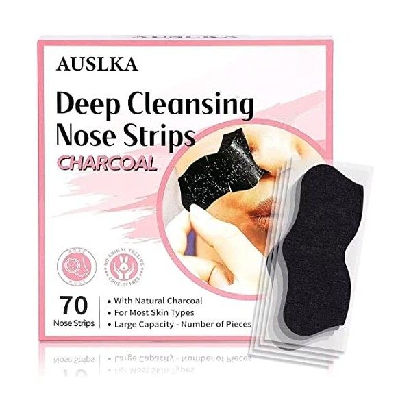 AUSLKA Lot de 70 bandes anti-points noirs pour enlever les points noirs au charbon de bois - Bandes de nez noires - Éliminate...