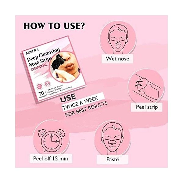 AUSLKA Lot de 70 bandes anti-points noirs pour enlever les points noirs au charbon de bois - Bandes de nez noires - Éliminate...