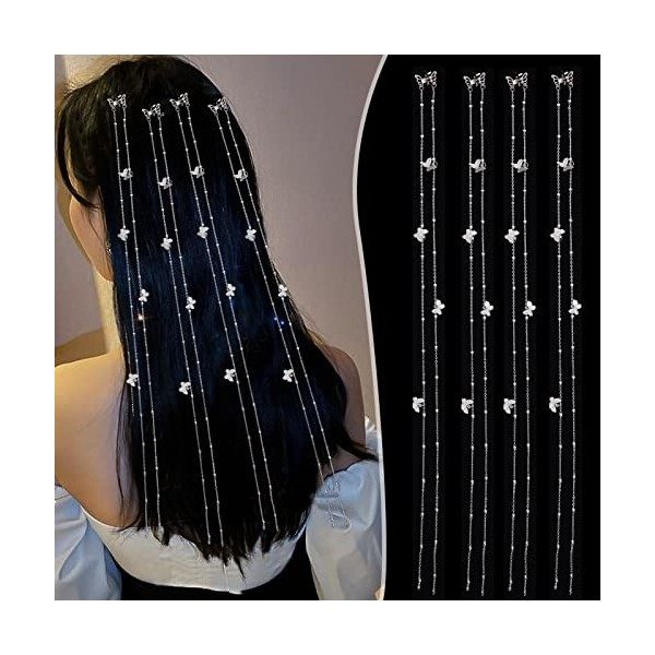 NICENEEDED 4pcs Longues Chaînes de Cheveux Gland pour Tresses, Chaînes de Pinces à Cheveux Bijoux Papillon en Argent 19.6 pou