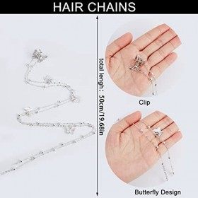 NICENEEDED 4pcs Longues Chaînes de Cheveux Gland pour Tresses, Chaînes de Pinces à Cheveux Bijoux Papillon en Argent 19.6 pou