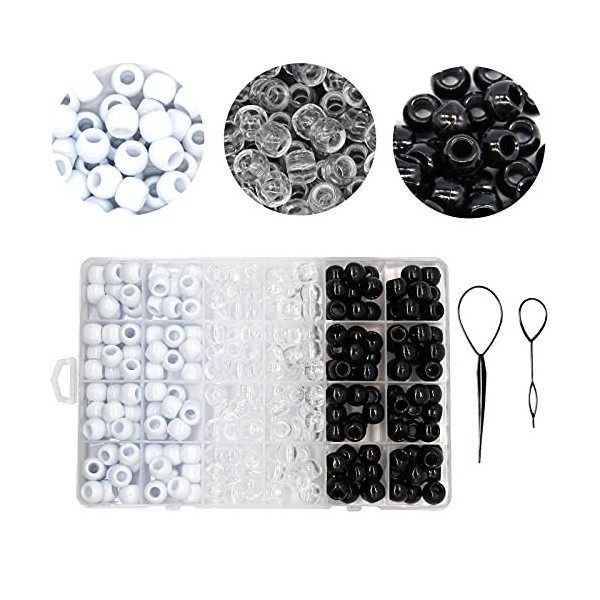 240pcs Perles de Tressage de Cheveux, 2pcs en Plastique Crochet, 3 Couleurs Dreadlock Cheveux Tresse Perles Clair-Blanc-Noir 