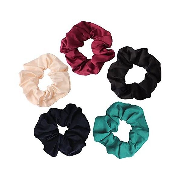 Lot de 5 chouchous élastiques en satin, couleur unie pour la vie quotidienne, les fêtes noir, bordeaux, beige, vert, bleu 