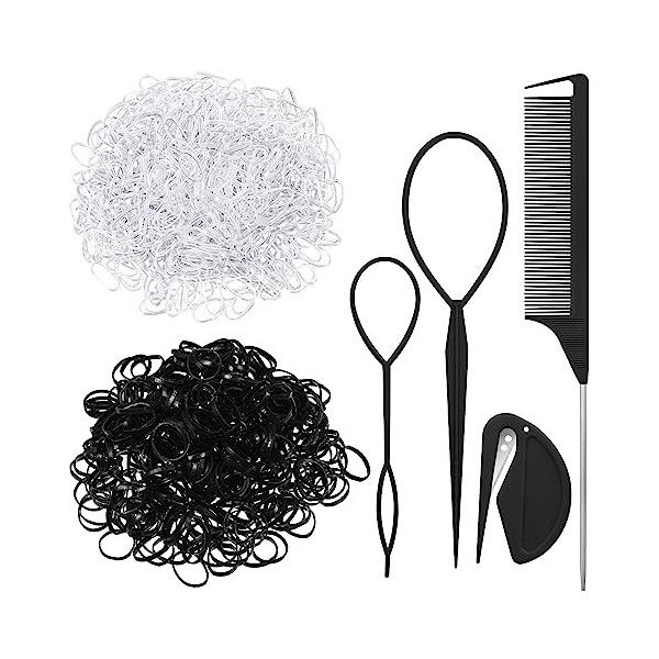 2000 Pièces Petit Elastique Cheveux Noir Elastique à Cheveux Transparent, Mini Elastique Caoutchouc pour Cheveux avec 2 Outil