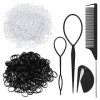2000 Pièces Petit Elastique Cheveux Noir Elastique à Cheveux Transparent, Mini Elastique Caoutchouc pour Cheveux avec 2 Outil