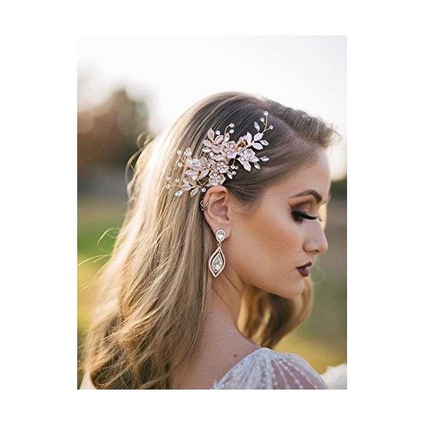 Sweetv Barrette de mariage or rose avec strass - Peigne de mariée fait à la main - Pour femme