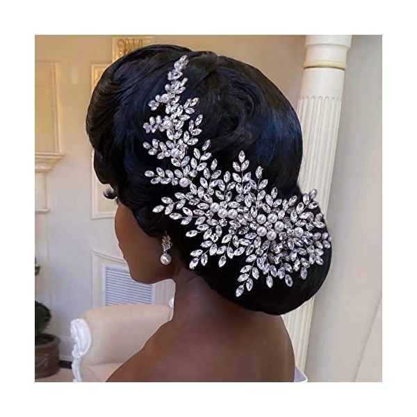 AMORARSI Peigne à cheveux de mariage en cristal avec perles et strass pour femme et fille argent 