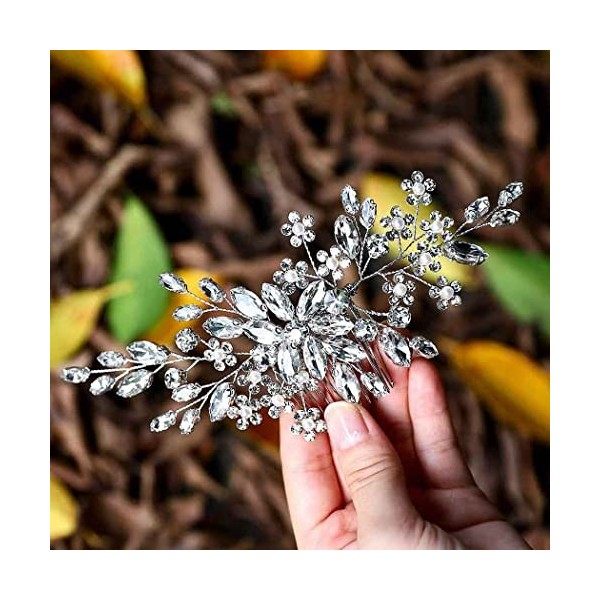 Handcess – Peigne à cheveux floral argenté en strass et perle pour mariée et demoiselles dhonneur