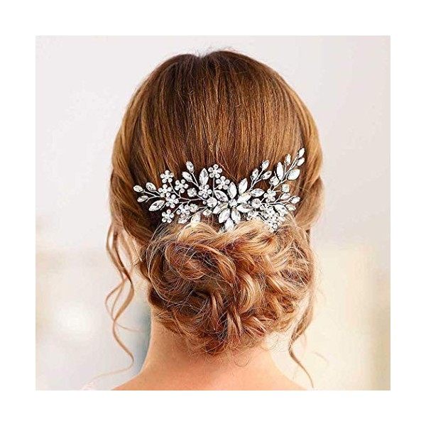 Handcess – Peigne à cheveux floral argenté en strass et perle pour mariée et demoiselles dhonneur
