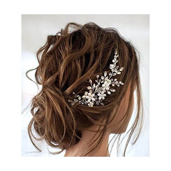 Unicra Peigne à cheveux en forme de fleur argentée avec perles et cristaux pour femme et fille