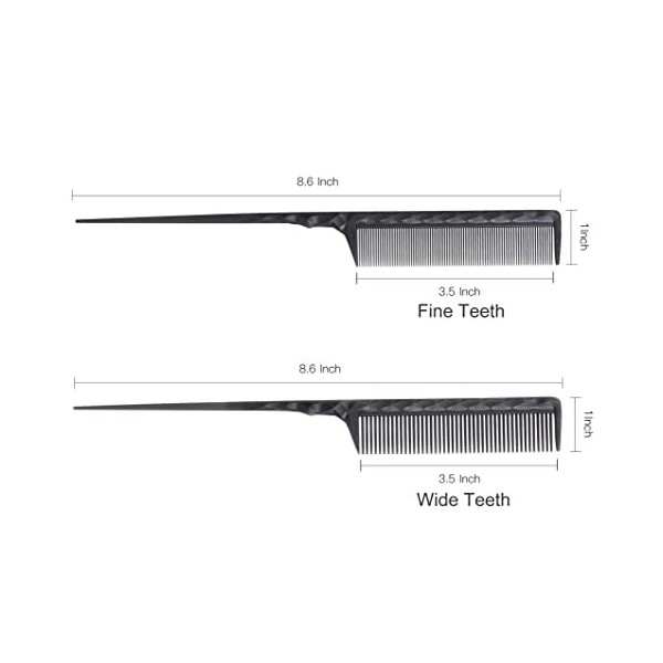 Lot de 2 peignes à queue de rat résistants à la chaleur pour fer plat, en fibre de carbone antistatiques pour femme, dents fi