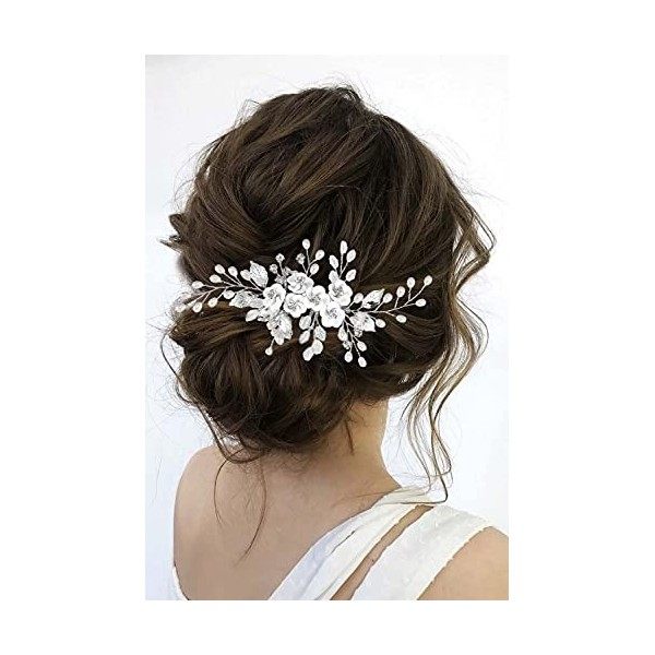 Edary Peigne à cheveux en forme de fleur argentée avec perles et cristaux pour femme et fille