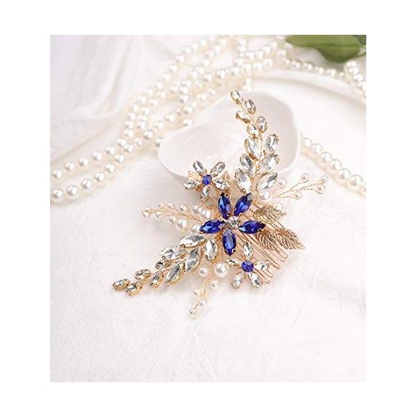 Anglacesmade Peigne à cheveux pour mariée en cristal saphir bleu avec perles et feuilles marquise - Accessoire pour cheveux p