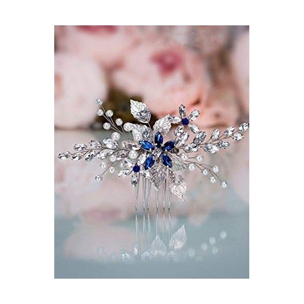 Anglacesmade Peigne à cheveux pour mariée en cristal saphir bleu avec perles et feuilles marquise - Accessoire pour cheveux p