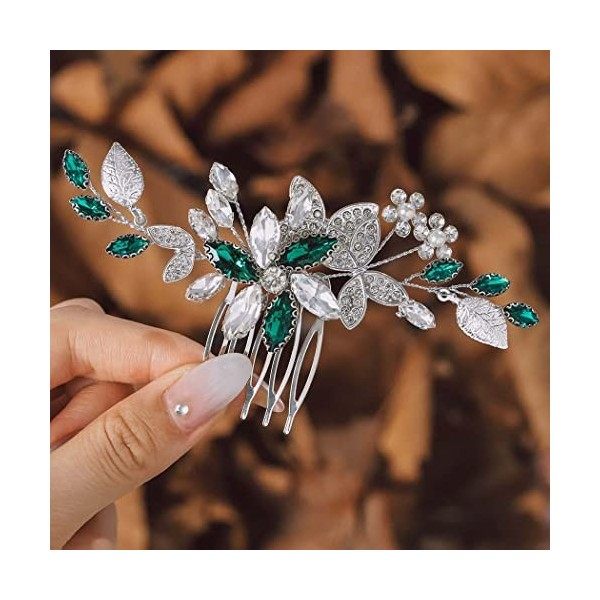 IYOU Scintillant Cristal Mariage Peigne Vert De Mariée Accessoires pour Cheveux Fleur Feuille Bal de Promo Morceaux de Cheveu