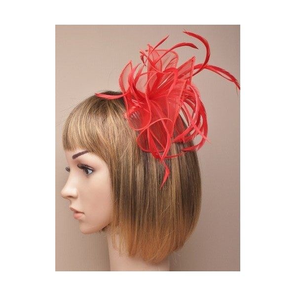 Red Looped Fabric and Feather Fascinator on a clear comb